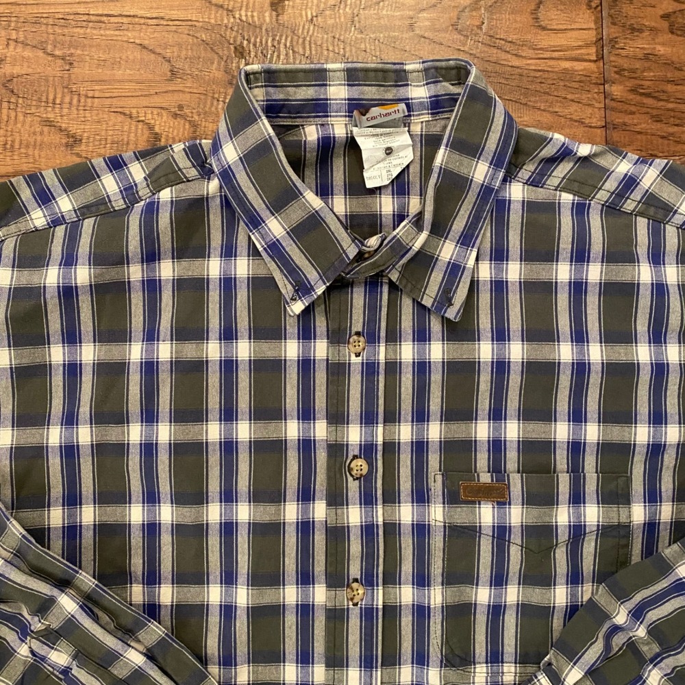 Carhartt Plaid Button Down Shirt Mens 2XL Blue Green Long Sleeve S900LV